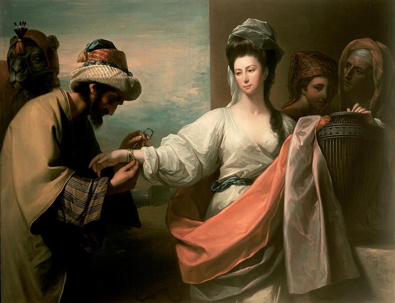 Benjamin West Isaac's servant trying the bracelet on Rebecca's arm